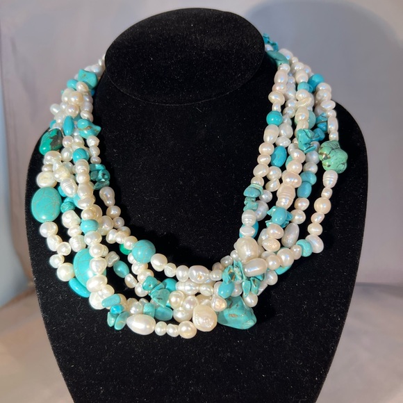Freshwater Cultured Pearls w/Turquoise Handmade, 18”. Various Pearl Types & Size - Picture 4 of 4